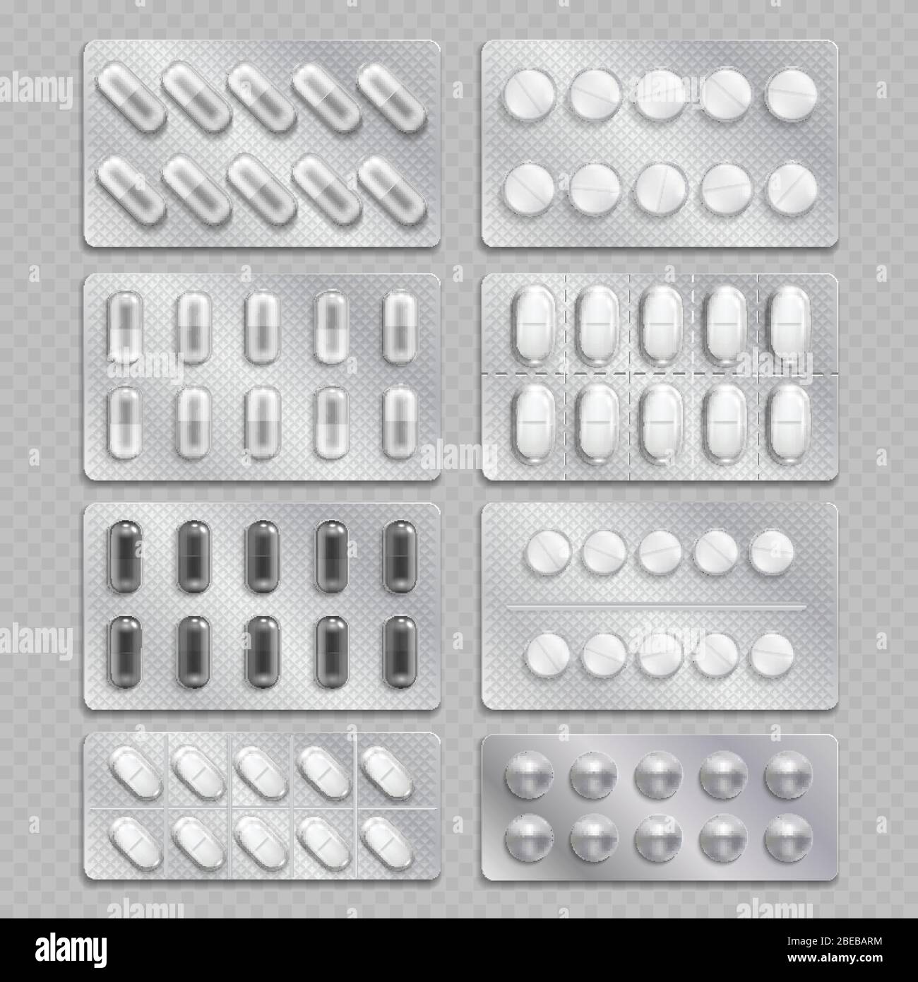 Realismo 3d farmaci confezionamento, painkiller pillole isolato su sfondo trasparente. Confezione di farmaco in capsula di vitamina, illustrazione farmaceutica di cura medica Illustrazione Vettoriale