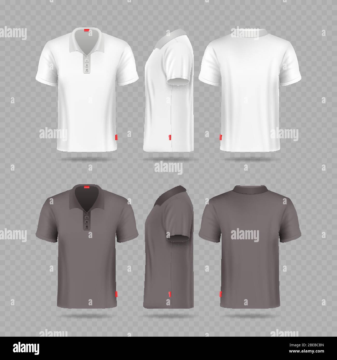 Set di t-shirt da uomo bianco nero isolato su sfondo trasparente. T-shirt, modello di abbigliamento con colletto Illustrazione Vettoriale