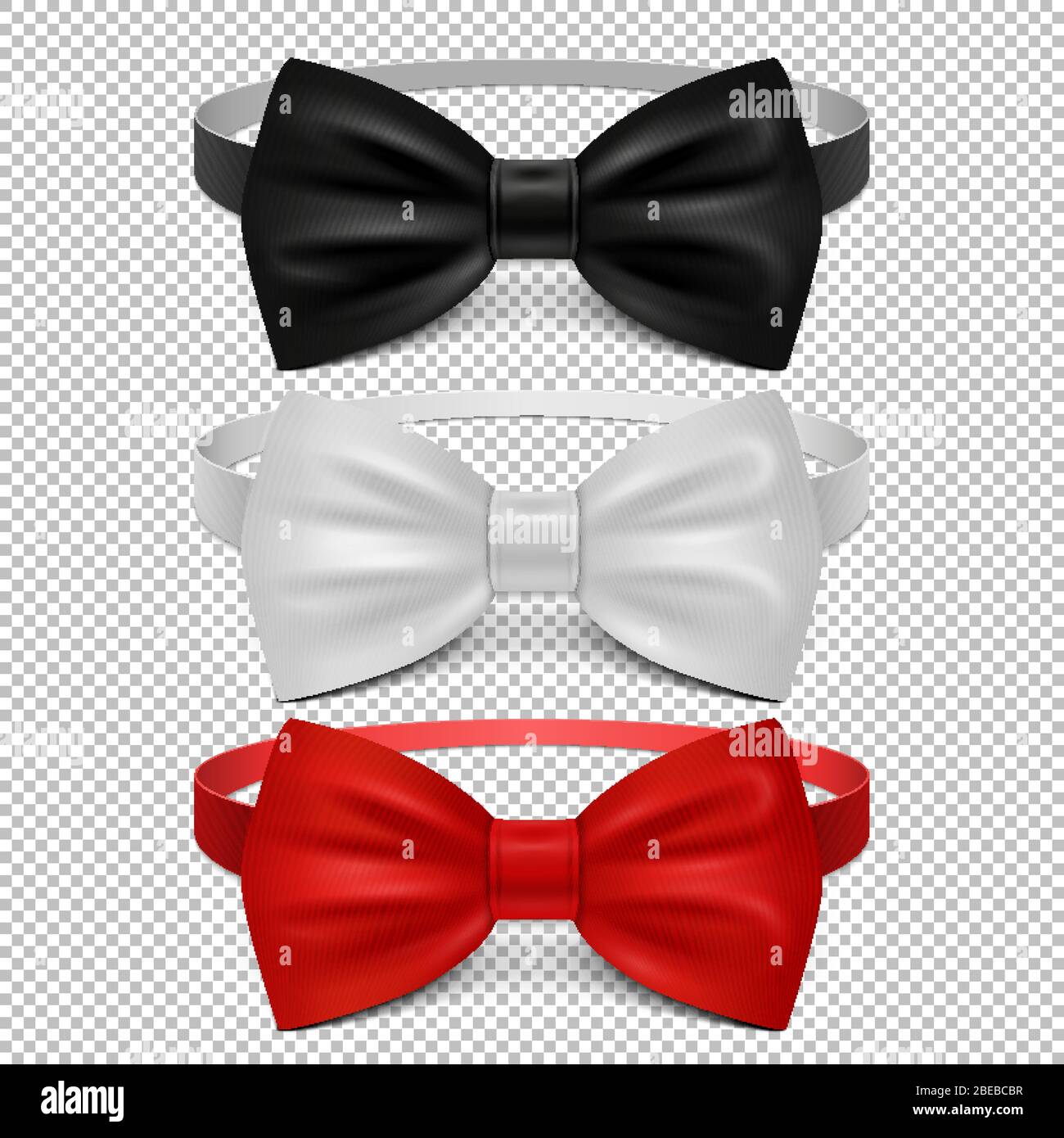 Realistico cravatta ad arco bianca, nera e rossa isolata su sfondo trasparente. Set di cravatta di seta del nodo, eleganza e abbigliamento classico formale di moda. Illustrazione vettoriale Illustrazione Vettoriale
