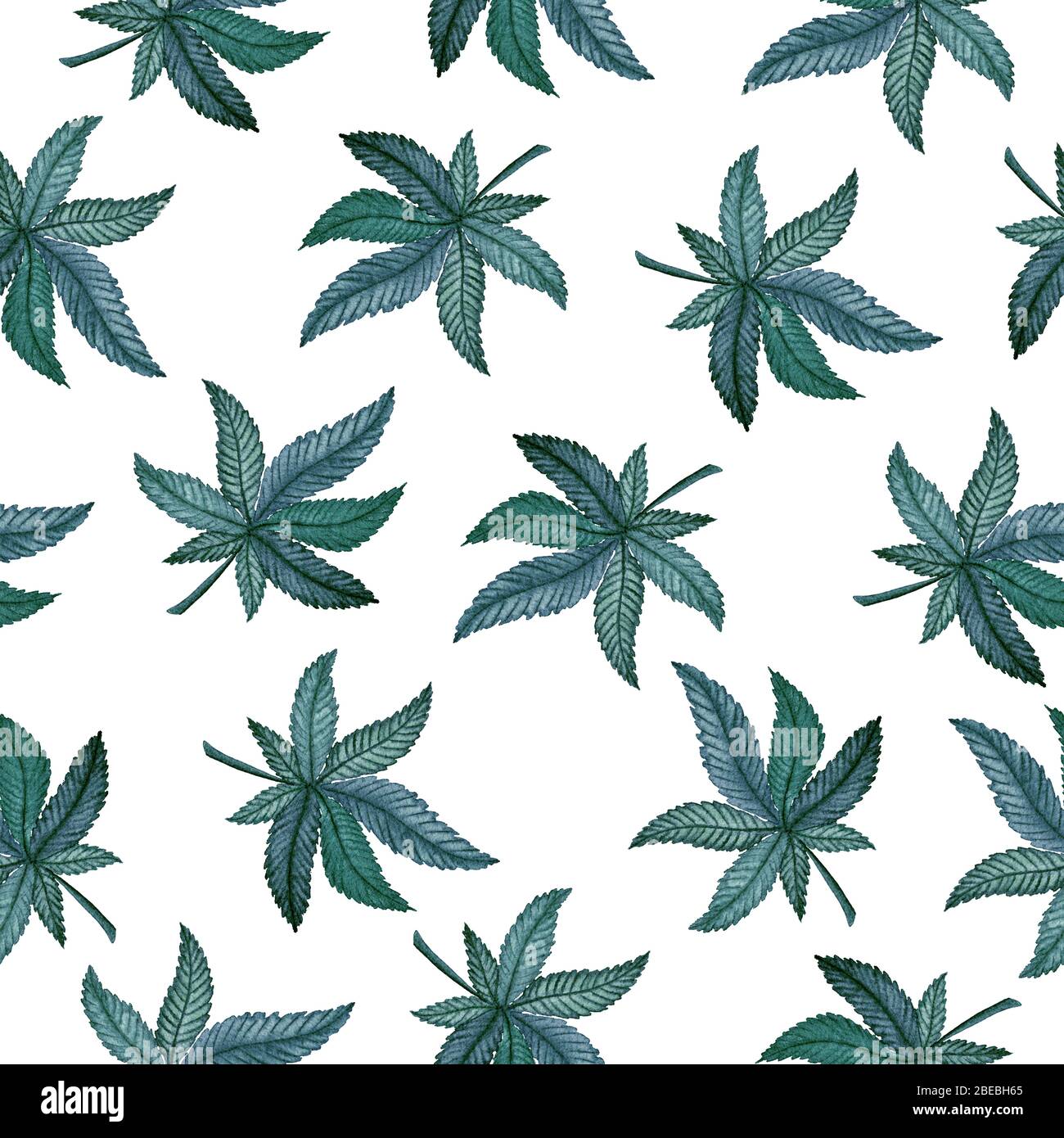 foglio di cannabis sfondo senza cuciture, acquerello illustrazione con blu marijuana foglie grande per tessuti, progetti di avvolgimento, banner o poster Foto Stock