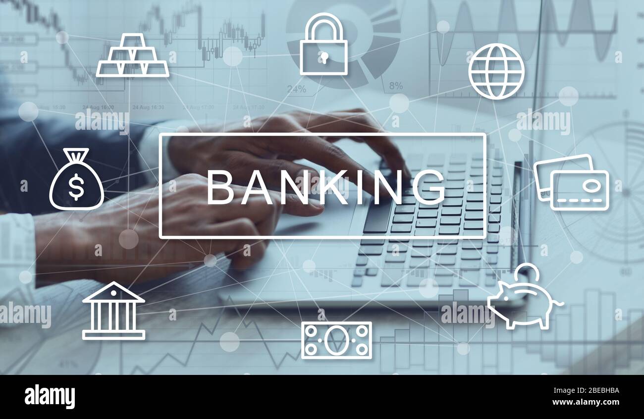 Finanziere afro-americano irriconoscibile utilizzando il sistema bancario online, closeup. Collage con icone. Panorama Foto Stock