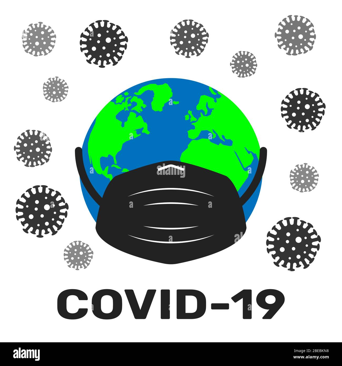 Pianeta terra in una maschera medica è circondato da virus e batteri su un bianco. Concetto di Covid-19. EPS 10. Illustrazione Vettoriale