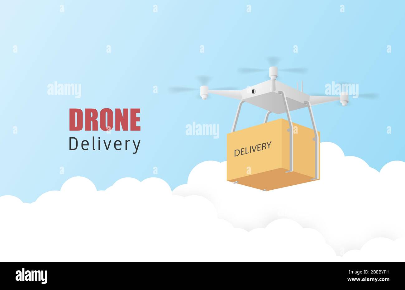 Poster o banner concettuale di consegna dei droni con il trasporto di pacchi in aria. Arte e artigianato in stile 3d. Illustrazione Vettoriale