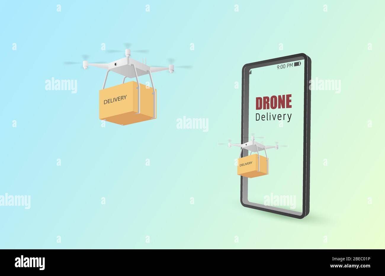 Poster o banner concettuale per la consegna dei droni con il trasporto di pacchi in aria dal negozio online con smartphone. Arte e artigianato in 3d sty Illustrazione Vettoriale