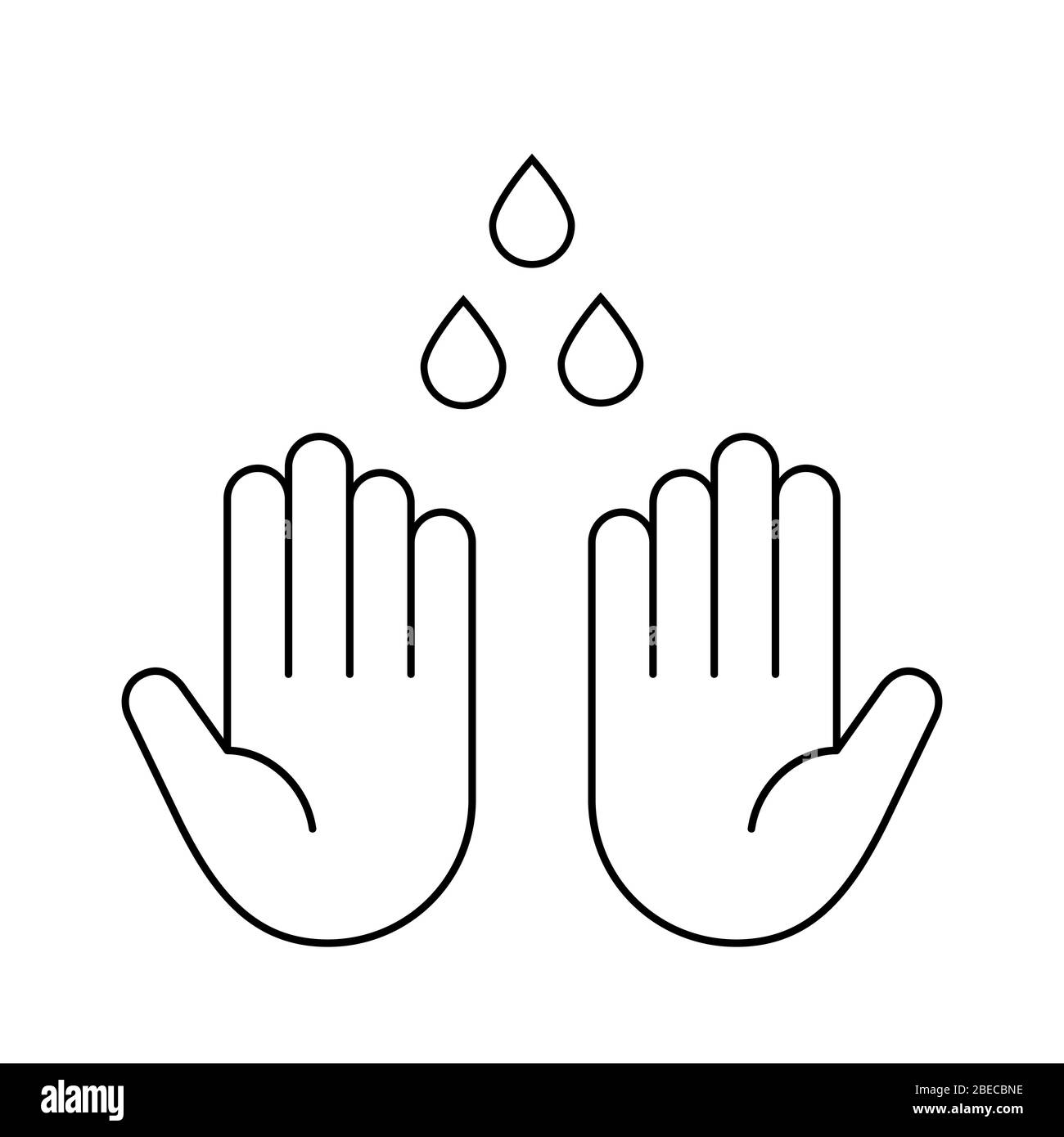 Lavare il cartello con le mani. Icona della linea sottile per il lavaggio delle mani. Due palme umane e gocce d'acqua contorno. Misure di sicurezza. Disinfezione. Igienizzatore. Vettore Illustrazione Vettoriale