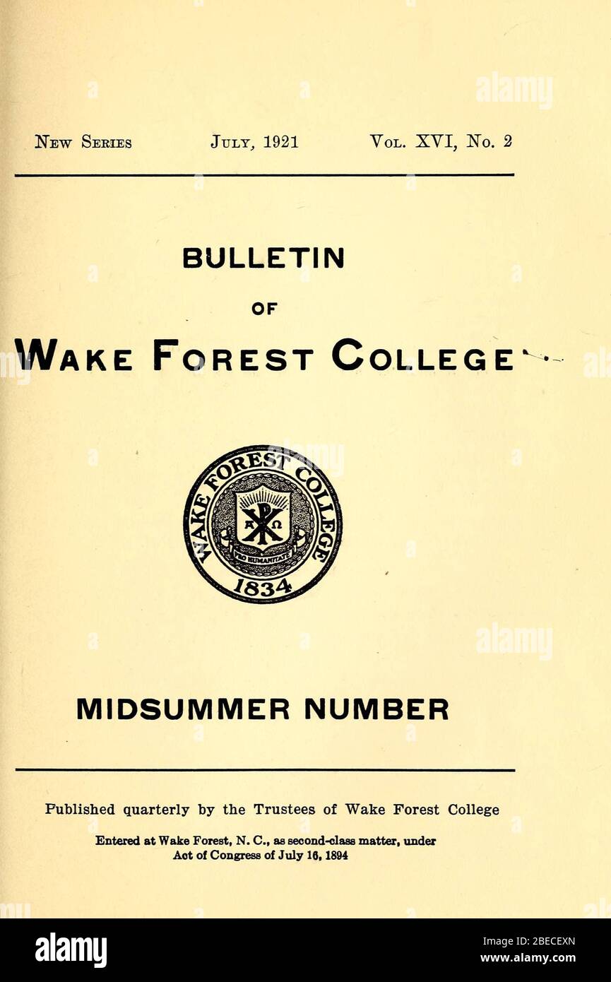 "Bulletin of Wake Forest College [1920-1922]; 1920; 1922; " Foto Stock