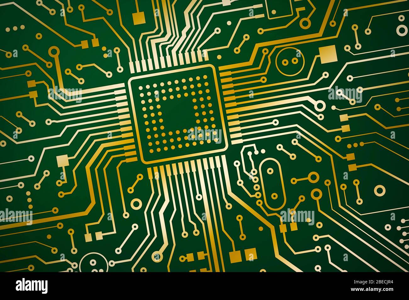 Tecnologie dell'informazione. Microchip su scheda a circuito stampato, vista dall'alto. Illustrazione Foto Stock