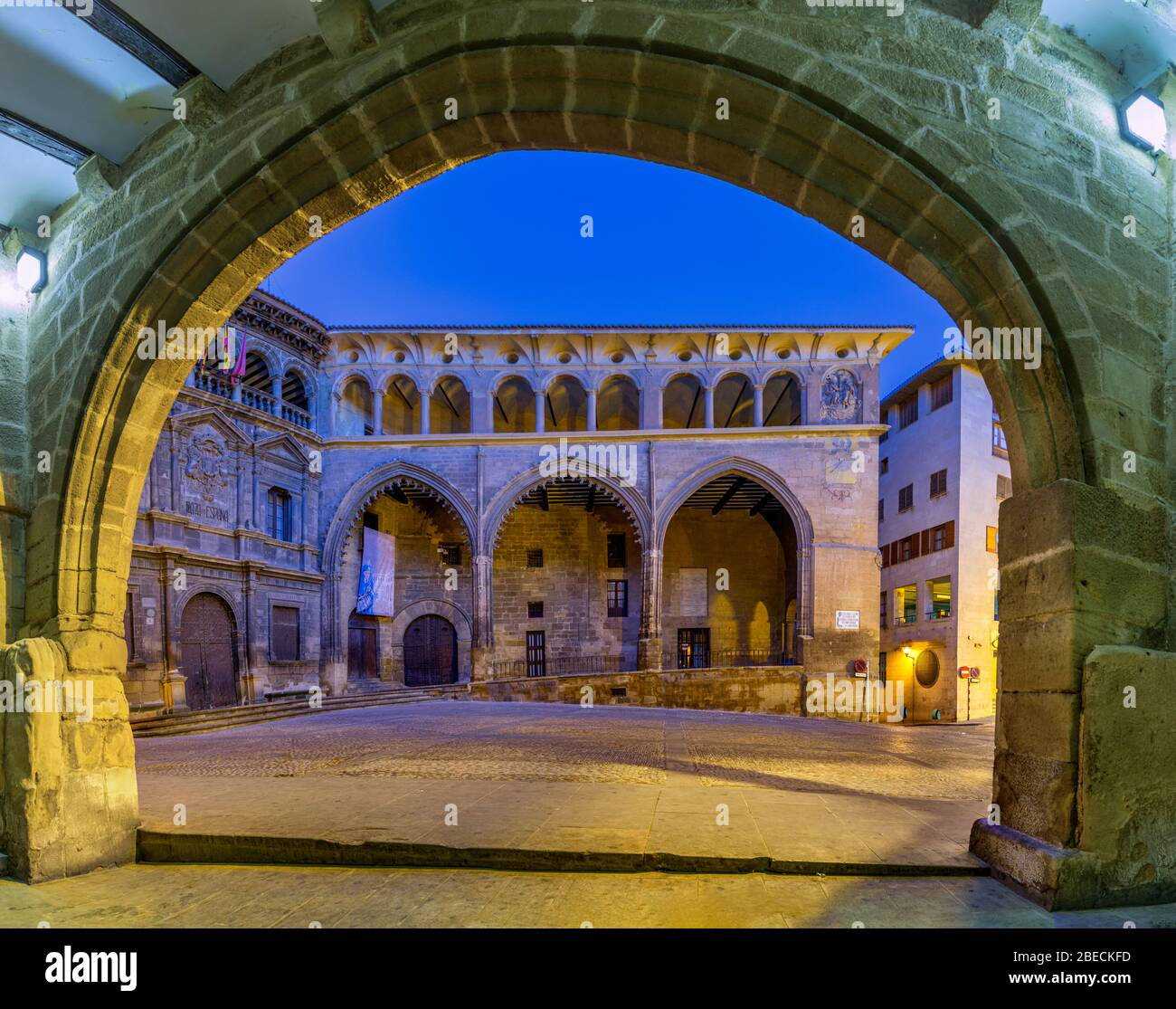 Edificio gotico del mercato (lonja en spanish), Alcañiz, provincia di Teruel, Aragona, Spagna Foto Stock