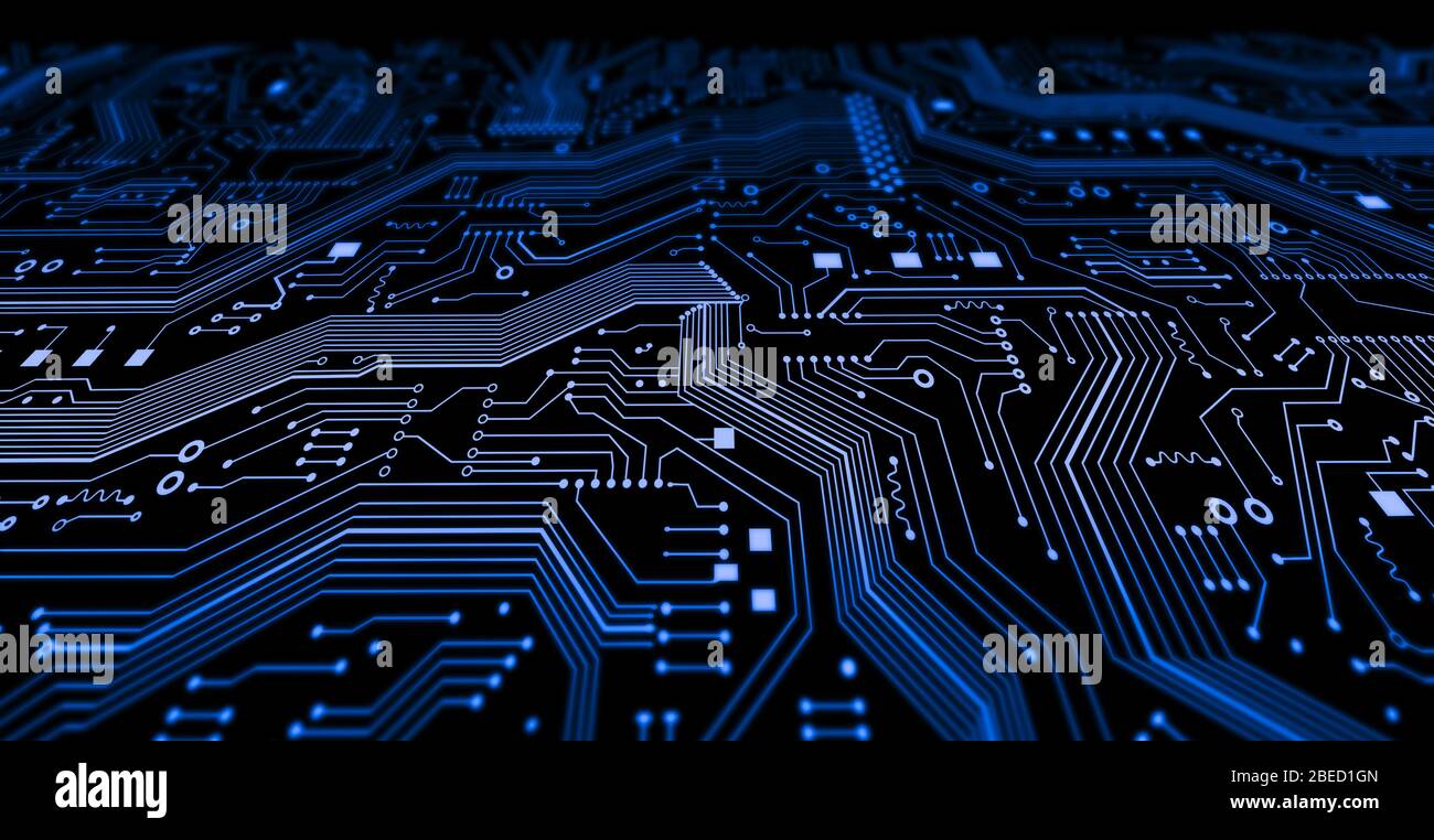 Illustrazione tecnologica con linee di microcircuito blu, primo piano. Panorama Foto Stock