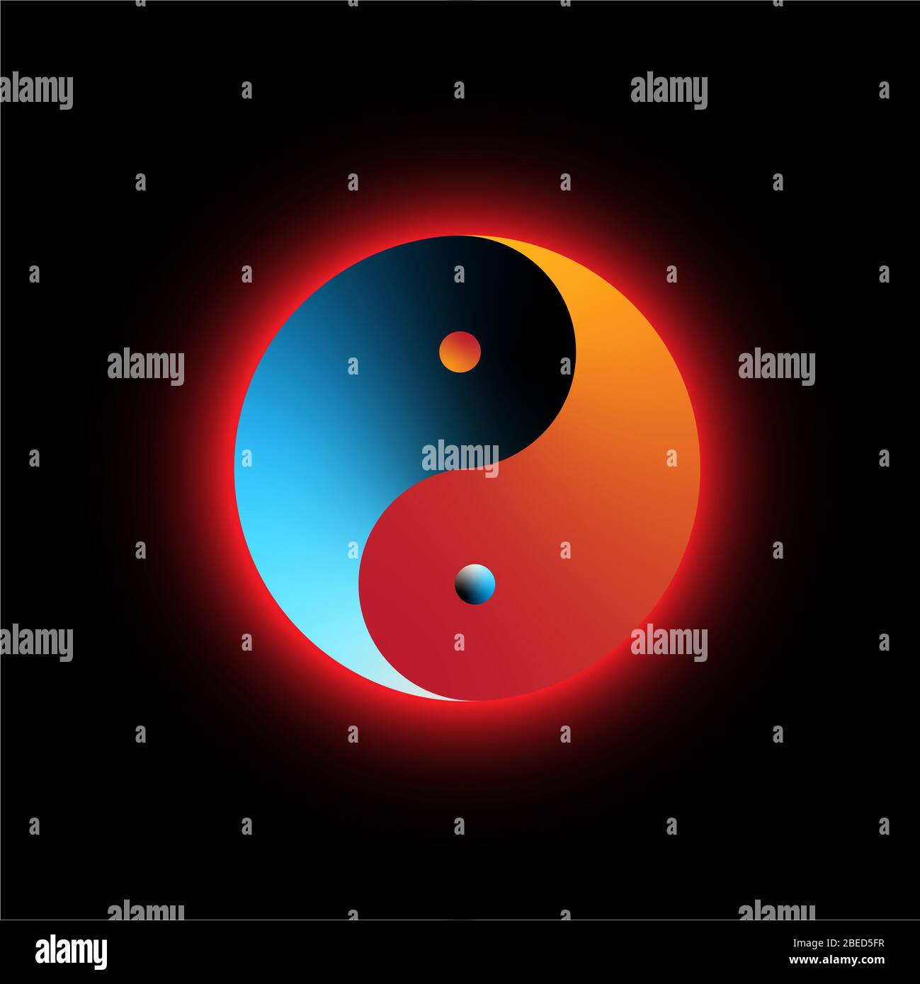 Yin Yang nei colori blu e oro arancio scuro su sfondo nero con aura rossa, illustrazione vettoriale, Yin e Yang simbolo di armonia ed equilibrio Foto Stock