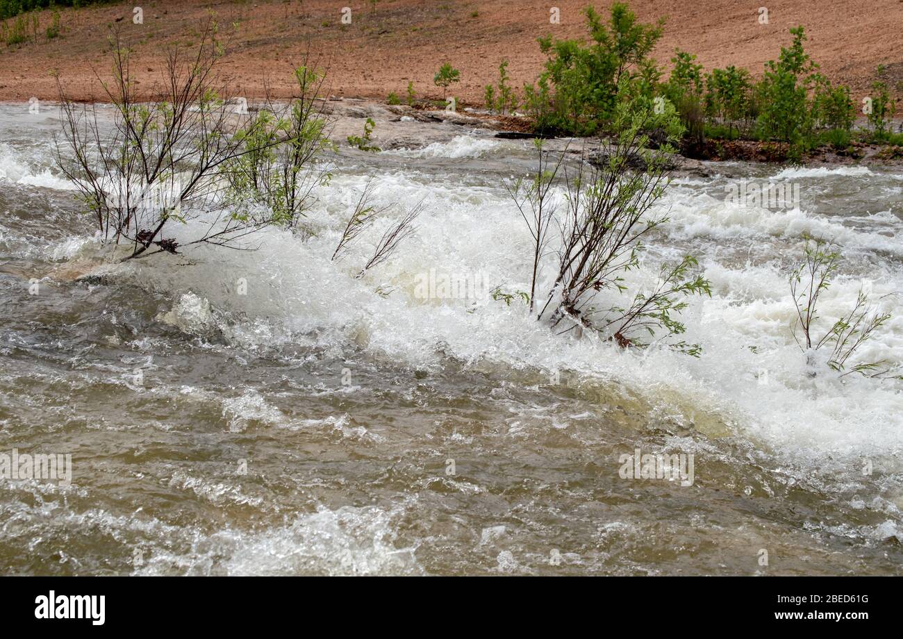 La primavera ha portato con sé grandi inondazioni con acqua feroce in rapido movimento che scorre selvaggiamente. Foto Stock