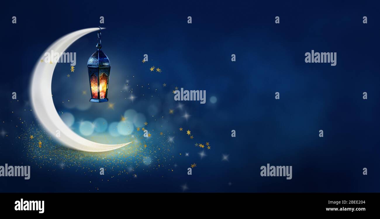 Ramadan Kareem sfondo banner. Biglietti d'auguri islamici per le festività musulmane e il Ramadan. Bandiera blu con luna e lanterna. Foto Stock