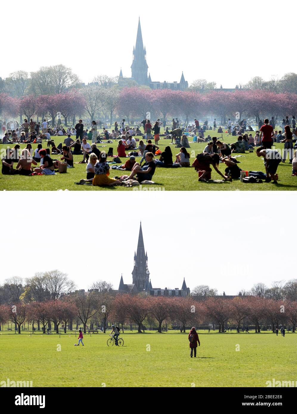 Foto composita della gente godere il sole nei Meadows, Edimburgo, durante il soleggiato weekend di Pasqua banca festa 22/04/19 (in alto) e terreno quasi deserta oggi (in basso), come il Regno Unito continua in blocco per contribuire a frenare la diffusione del coronavirus. Foto Stock