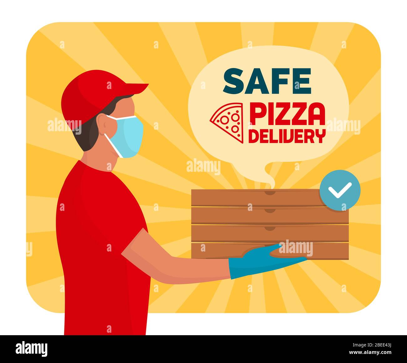 Consegna sicura della pizza a casa durante l'epidemia di coronavirus covid-19: Ragazzo di consegna che tiene le scatole impilate della pizza, sta portando una maschera protettiva del viso e g Illustrazione Vettoriale