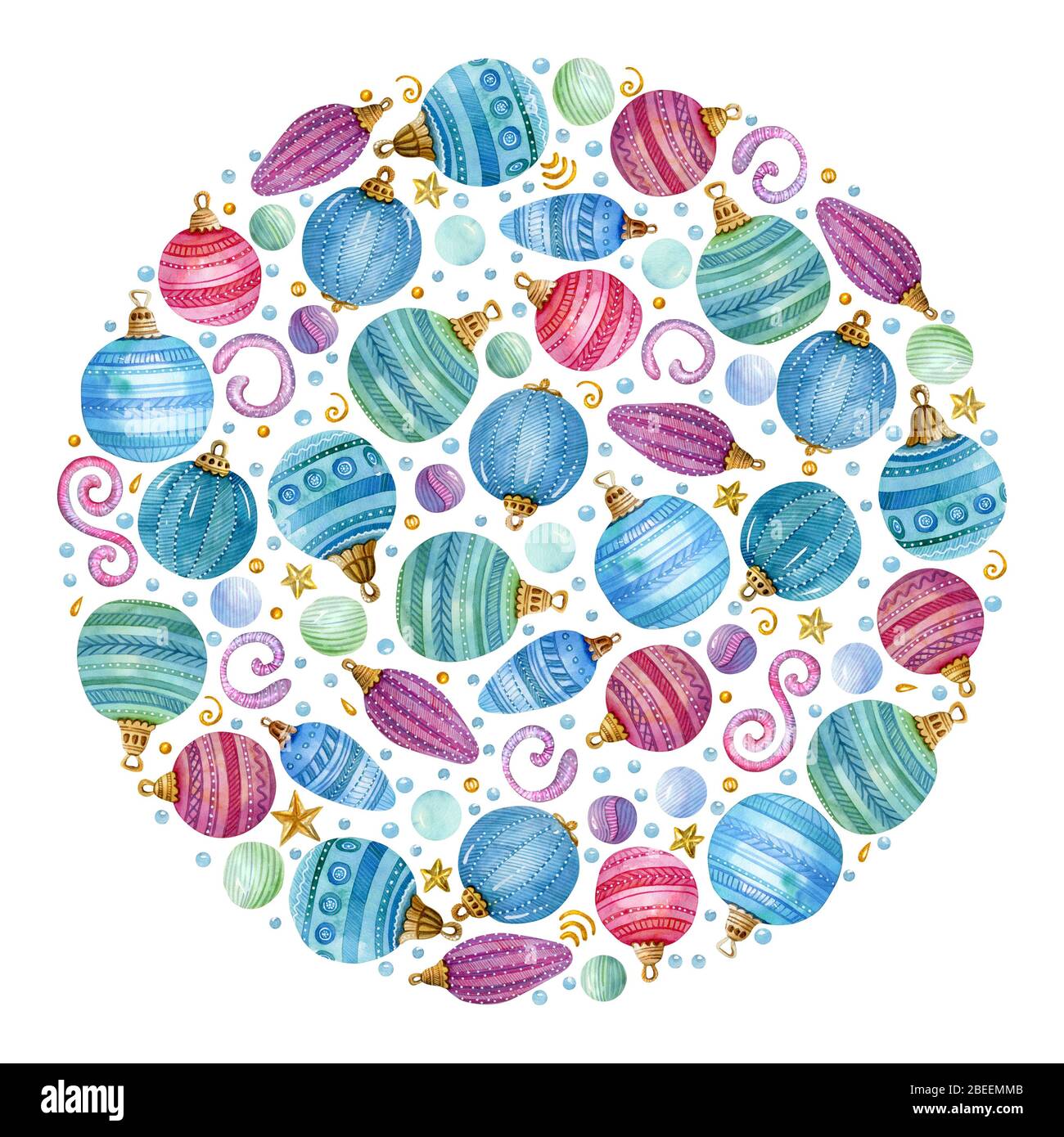 Cornice rotonda di Natale con palle colorate e neve su sfondo bianco. Ideale per biglietti d'auguri, inviti, banner e poster. Foto Stock