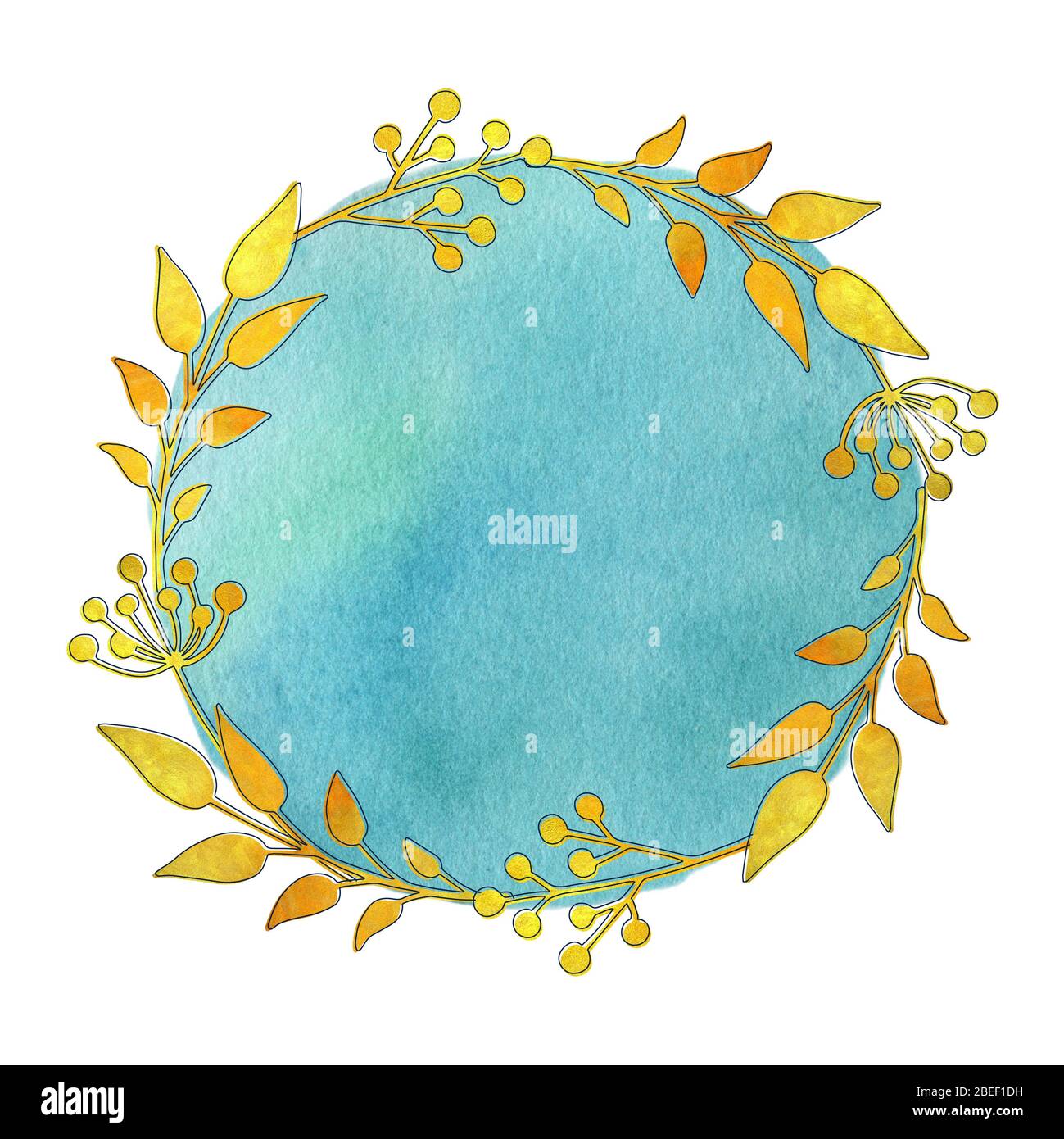 Modello cornice acquerello con rami d'oro. Illustrazione disegnata a mano con spazio per il testo. Acquerello d'oro. Decorazioni per inviti, biglietti di auguri. Foto Stock