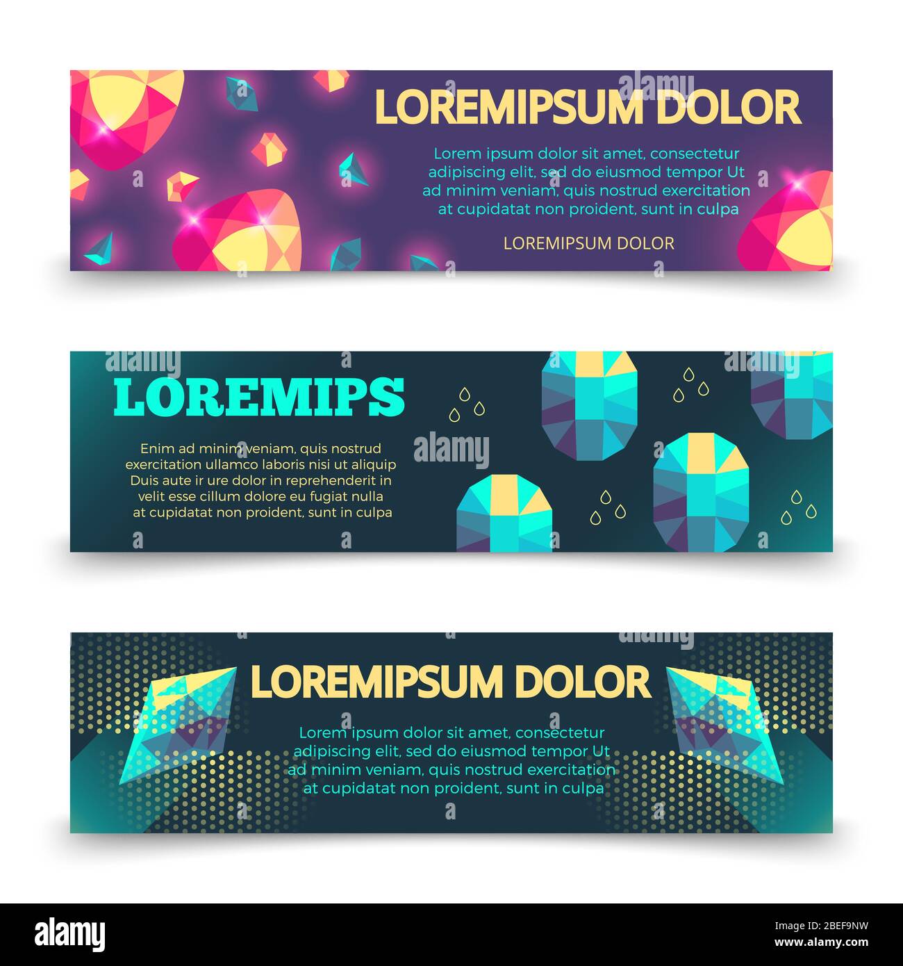 Set di template per banner a cristalli colorati. Collezione di poster, illustrazione vettoriale Illustrazione Vettoriale