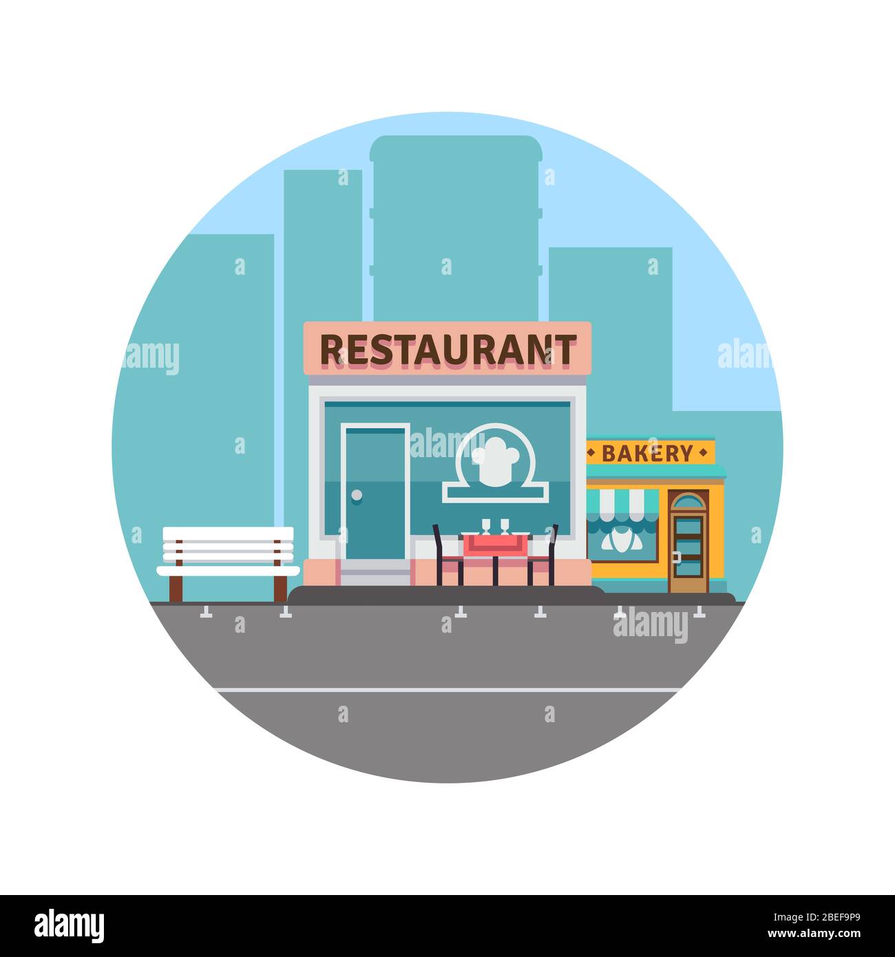Concetto di paesaggio cittadino con silhouette del centro cittadino e ristorante e panetteria fronte colorato. Illustrazione vettoriale Illustrazione Vettoriale