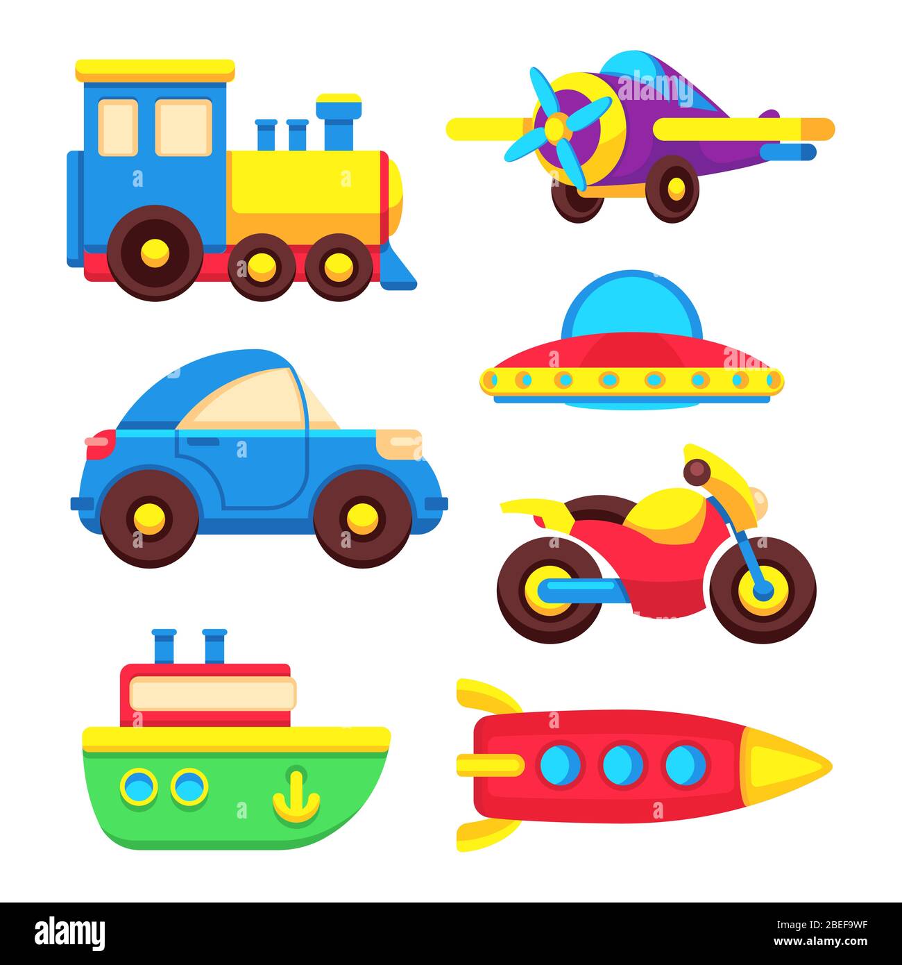 Set di trasporto per giocattoli colorati isolato su sfondo bianco. Illustrazione vettoriale Illustrazione Vettoriale