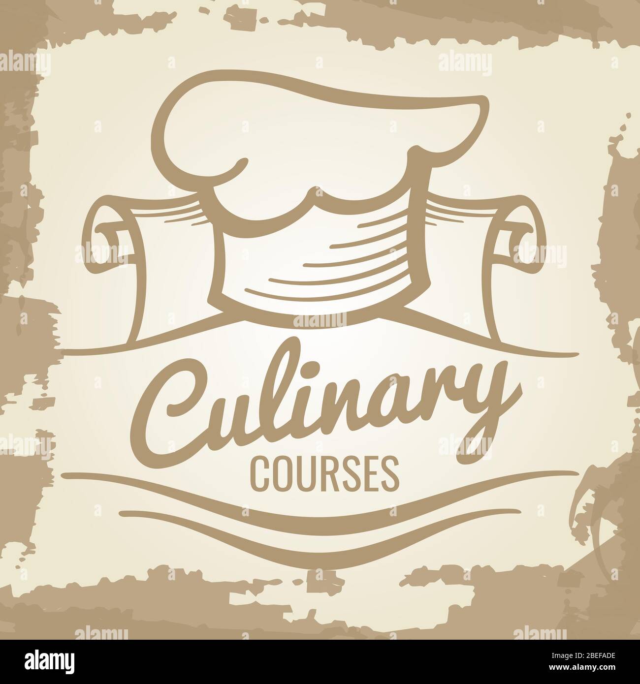 Corsi culinari Grunge emblema o logo design con cappellano chef. Illustrazione vettoriale Illustrazione Vettoriale