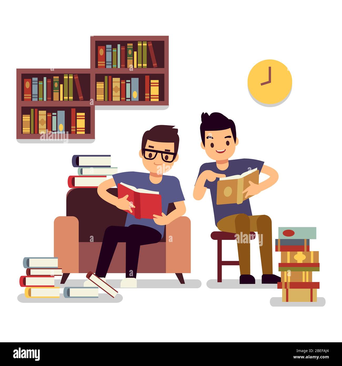 Due ragazzi leggere libri isolati su sfondo bianco - auto-educazione concetto piatto. Illustrazione vettoriale Illustrazione Vettoriale