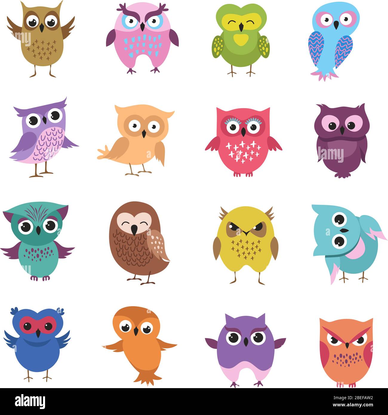 Carino cartoon owl caratteri vettore set. Uccello personaggio gufo, disegno animale comico e illustrazione infantile Illustrazione Vettoriale