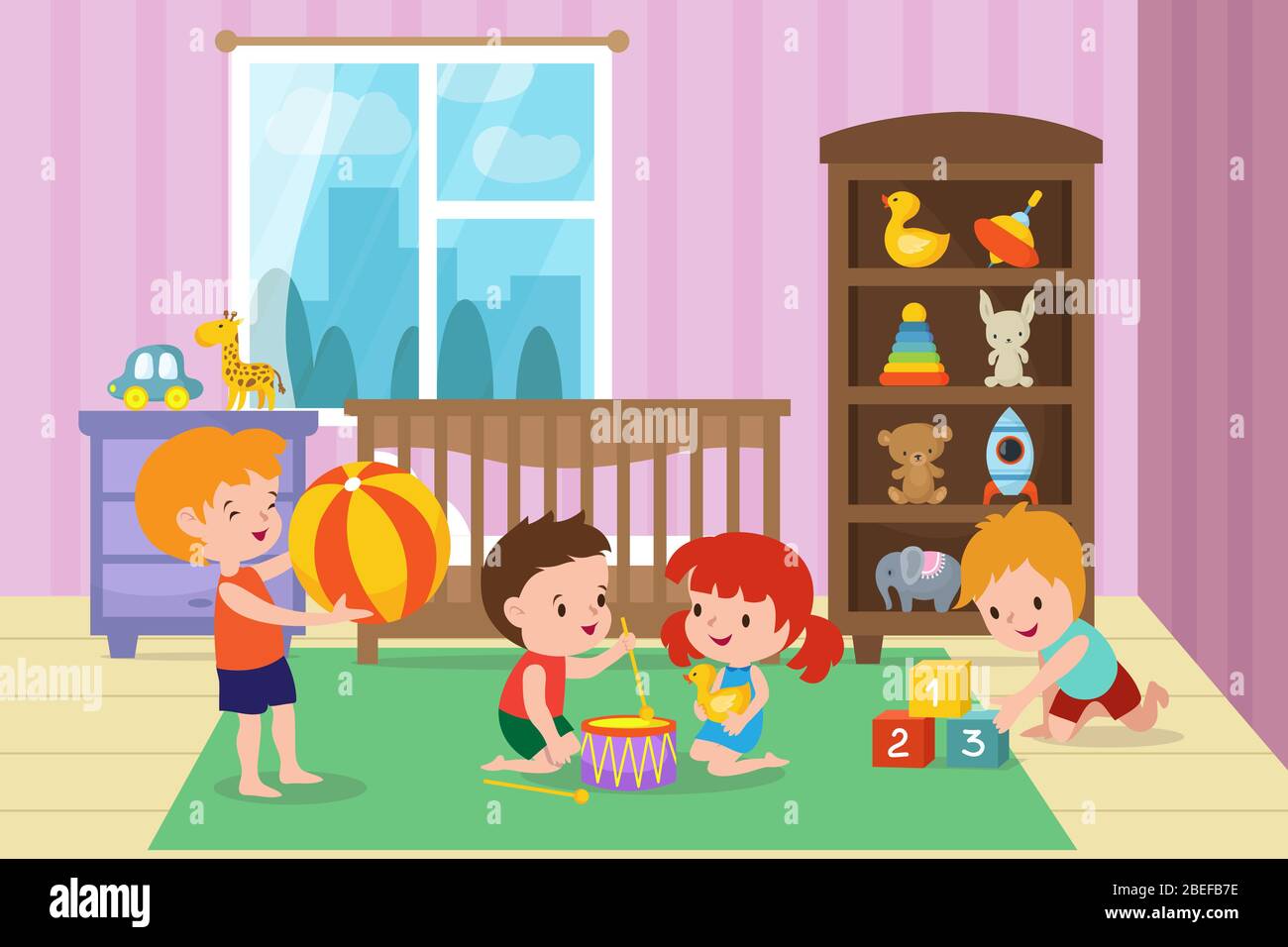 Bambini che giocano con i giocattoli in sala giochi di asilo illustrazione vettoriale. Camera con bambino e ragazza, camera per bambini nell'asilo Illustrazione Vettoriale