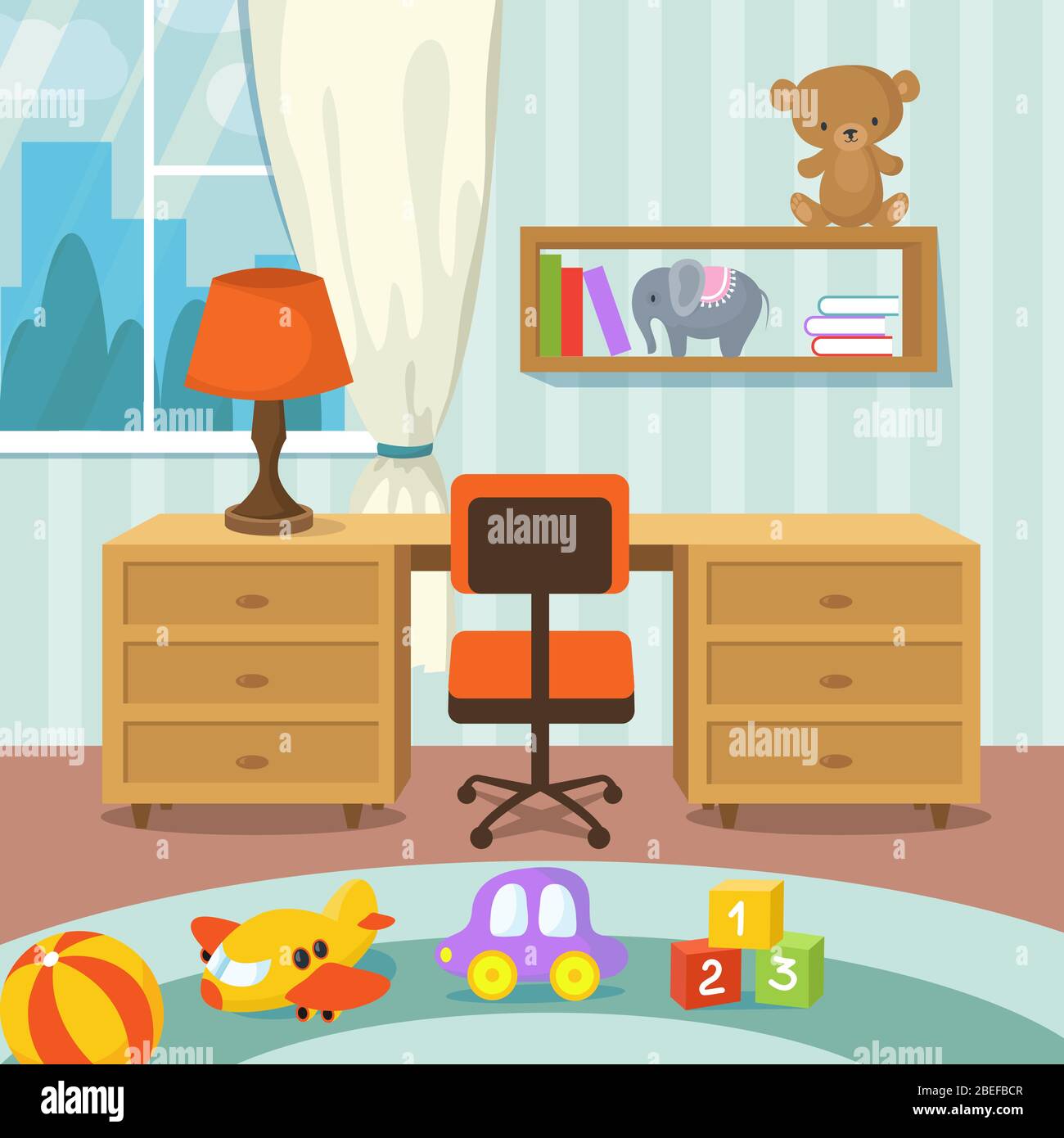 Interni della stanza del bambino con letto e giocattoli in stile piatto illustrazione vettoriale. Interno con tavolo e sedia Illustrazione Vettoriale
