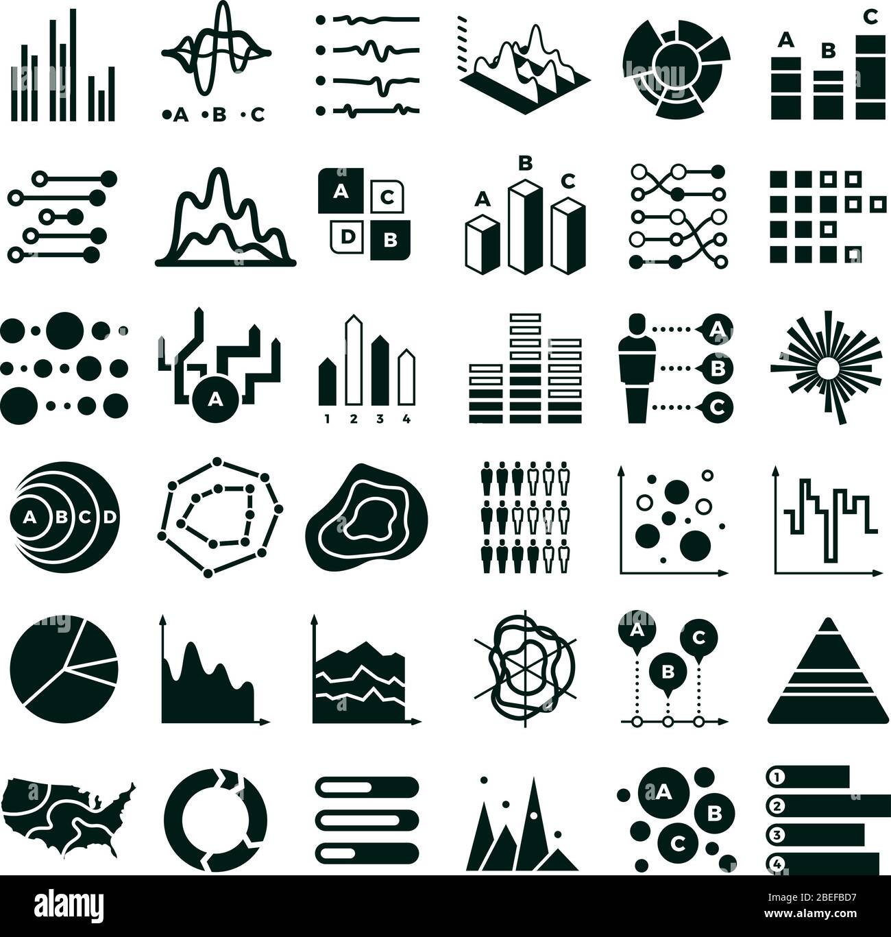 Icone di diagrammi e vettori infografici. Grafico dati aziendali e simboli grafici. Illustrazione di grafici e dati, diagrammi e informazioni sulla carta Illustrazione Vettoriale