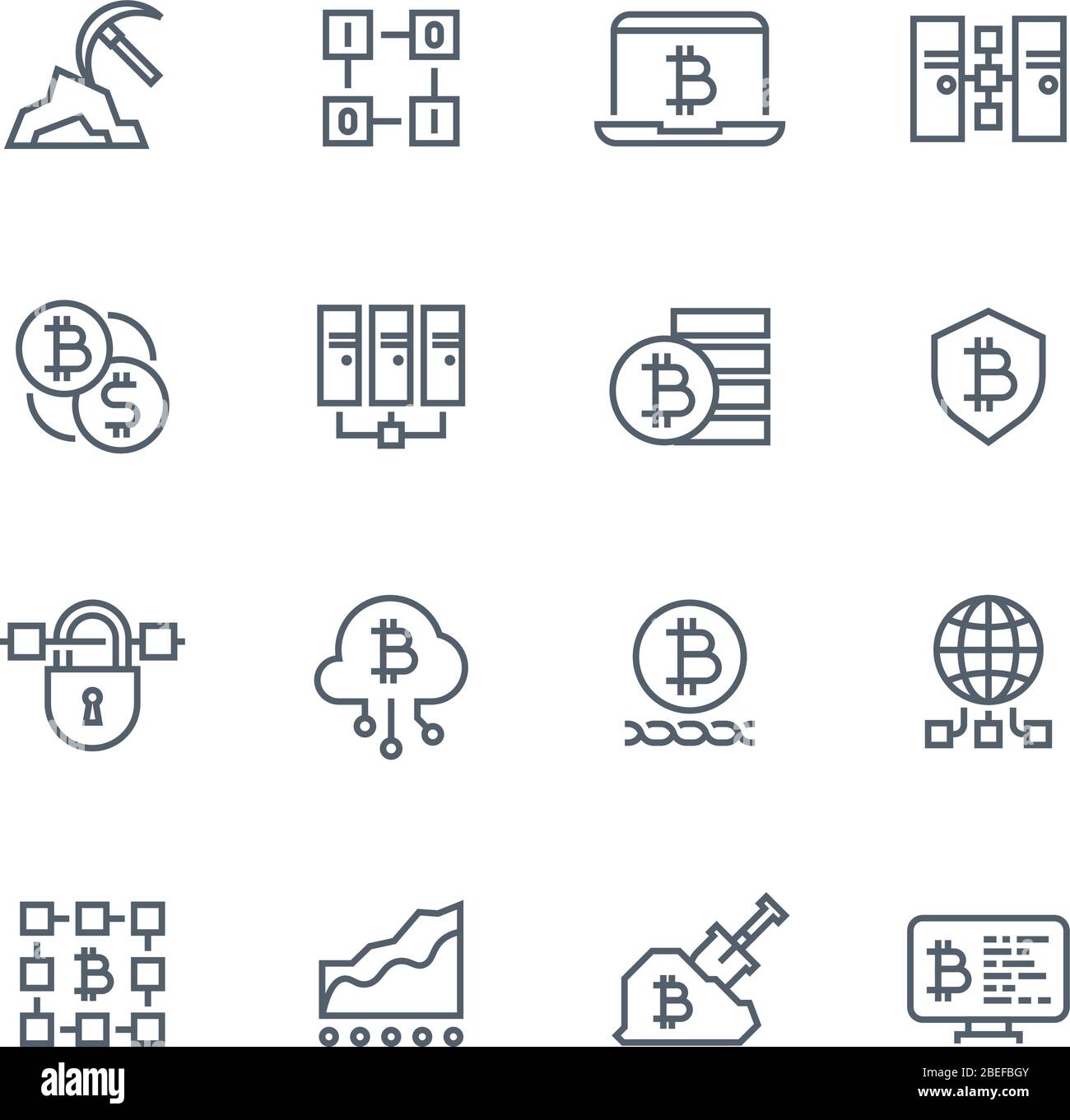 Icone dei vettori di linea Blockchain e crittocurrency. Bitcoin tecnologia valuta, finanza cripto digitale illustrazione Illustrazione Vettoriale