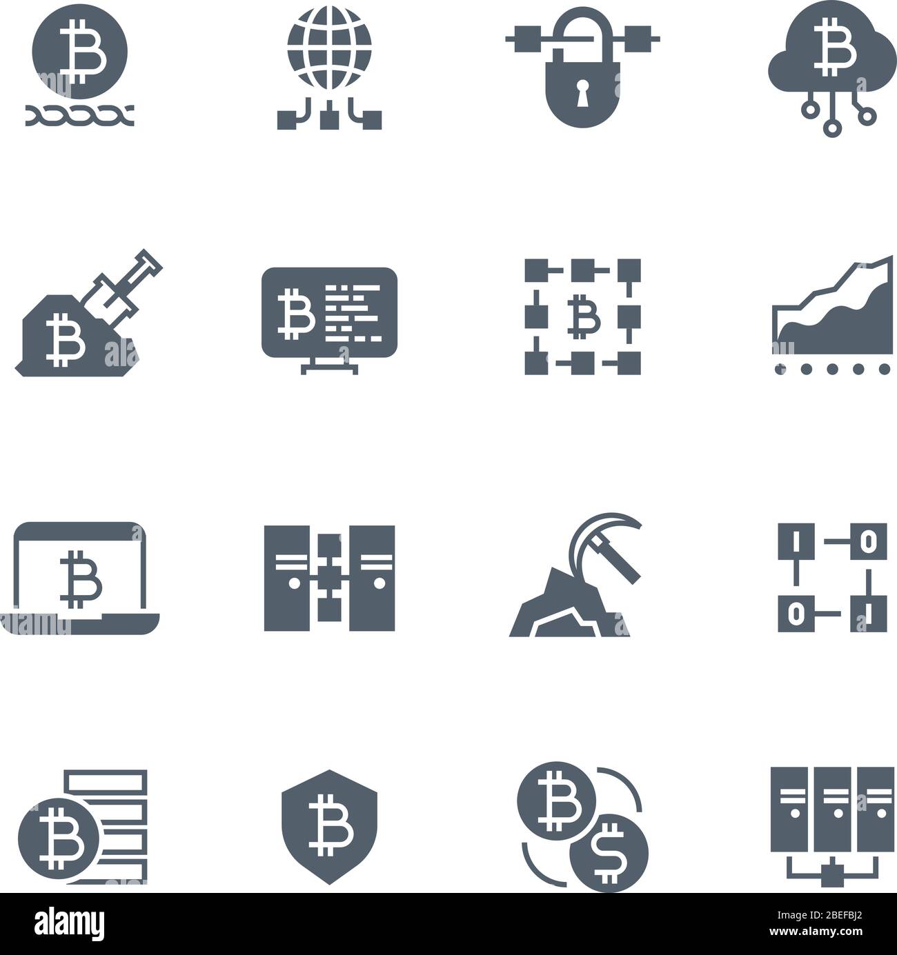 Icone dei vettori di estrazione Blockchain e crittocurrency. Simboli del sistema di transazioni decentralizzate. Criptovaluta, sistema di bitcoin a catena, illustrazione delle transazioni e delle valute Illustrazione Vettoriale