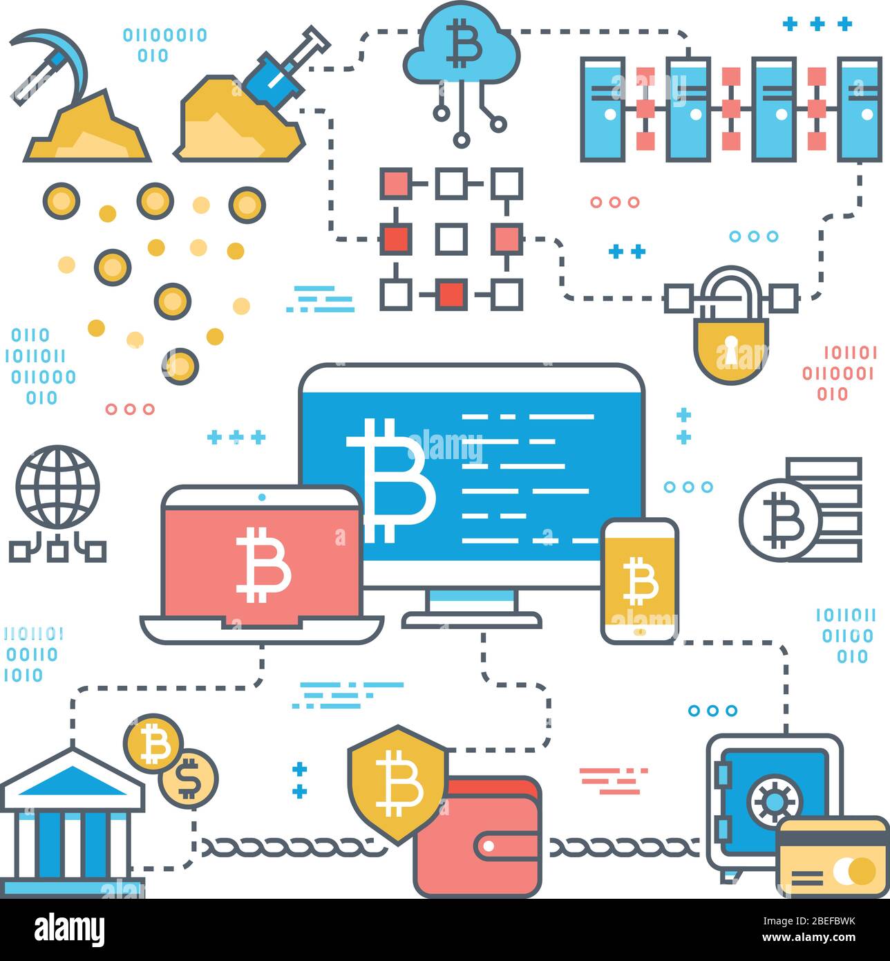 Transazione di criptovaluta di Blockchain e internet. Bitcoin, mercato azionario e finanziamento di supporto concetto vettore. Economia finanziaria moneta bitcoin mercato moneta illustrazione Illustrazione Vettoriale