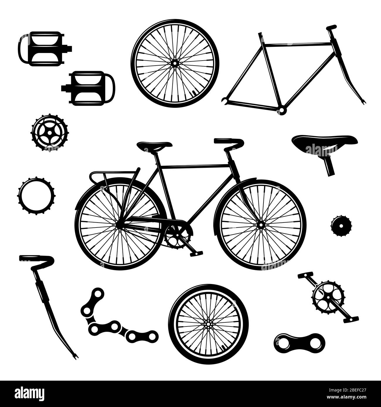 Parti per biciclette. Set di vettori isolati per apparecchiature e componenti per biciclette. Illustrazione della catena e del pedale della bicicletta Illustrazione Vettoriale
