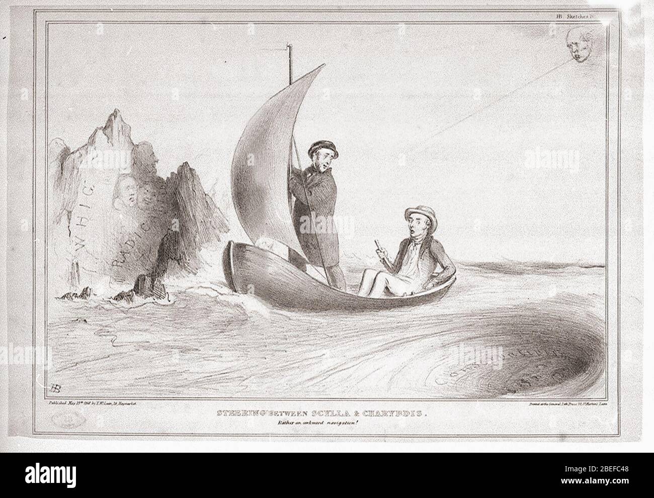 HB disegni n.685. Sterzata tra Scilla e Charybdis. Piuttosto una navigazione scomoda (caricatura) Foto Stock