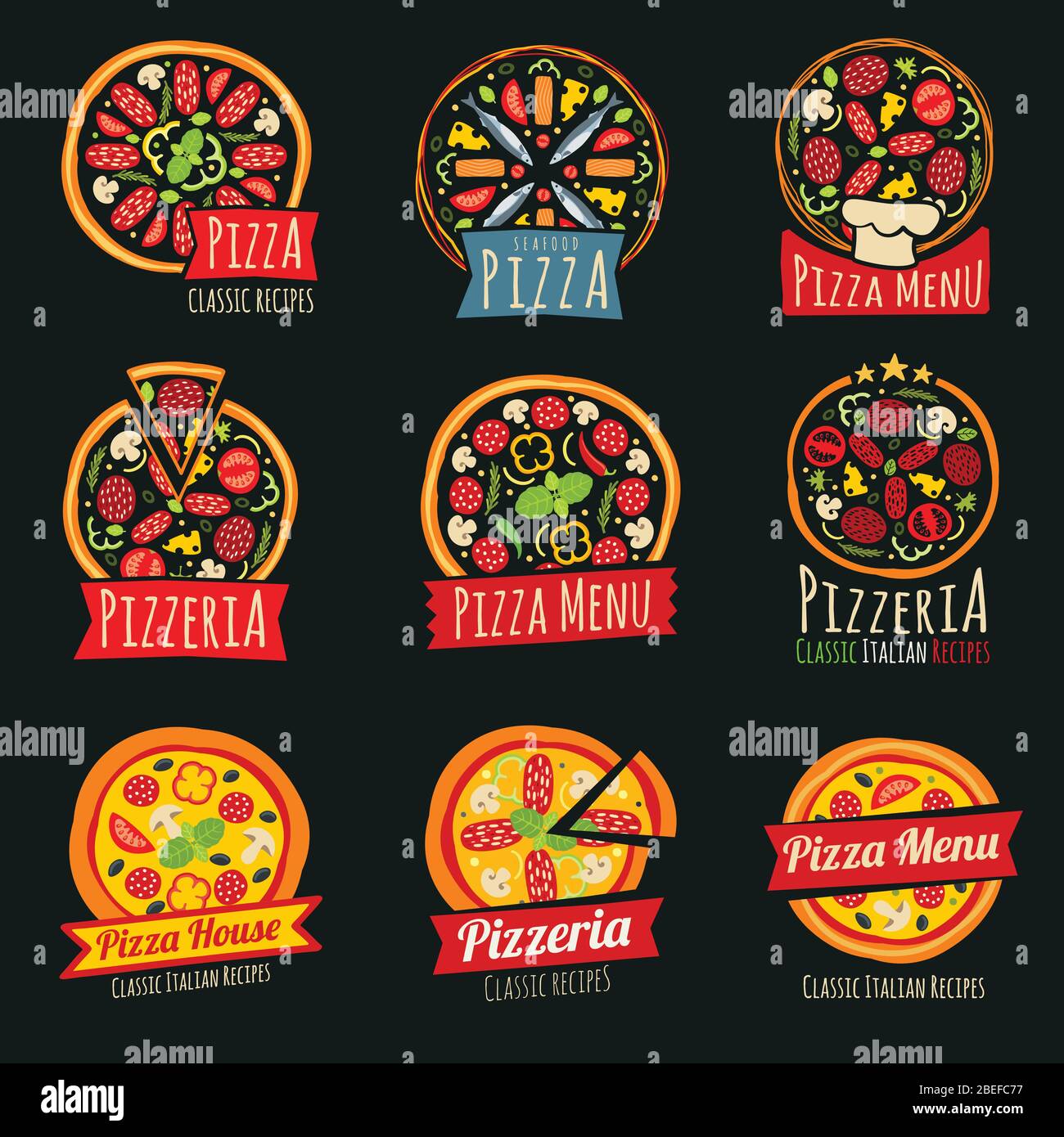 Etichette colorate per pizza isolate. Badge vettoriali e emblemi per ristoranti italiani. Illustrazione di emblemi italiani per pizzerie Illustrazione Vettoriale