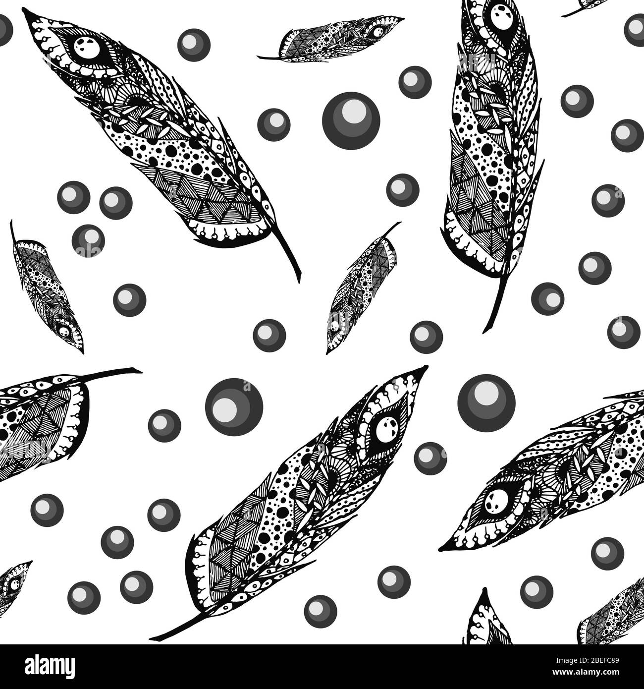 Piuma d'alva disegnata a mano isolata dallo sfondo. Illustrazione in bianco e nero con ornamenti diversi. Foto Stock