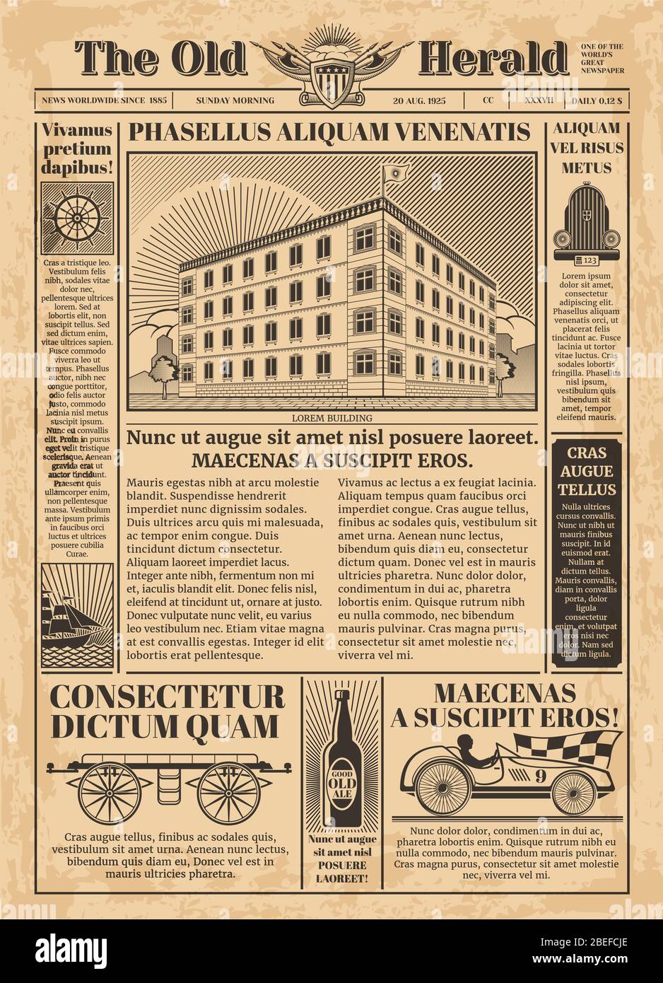 Modello vettoriale per giornali d'epoca con testo da giornale. Illustrazione di carta antica per la stampa di articoli Illustrazione Vettoriale