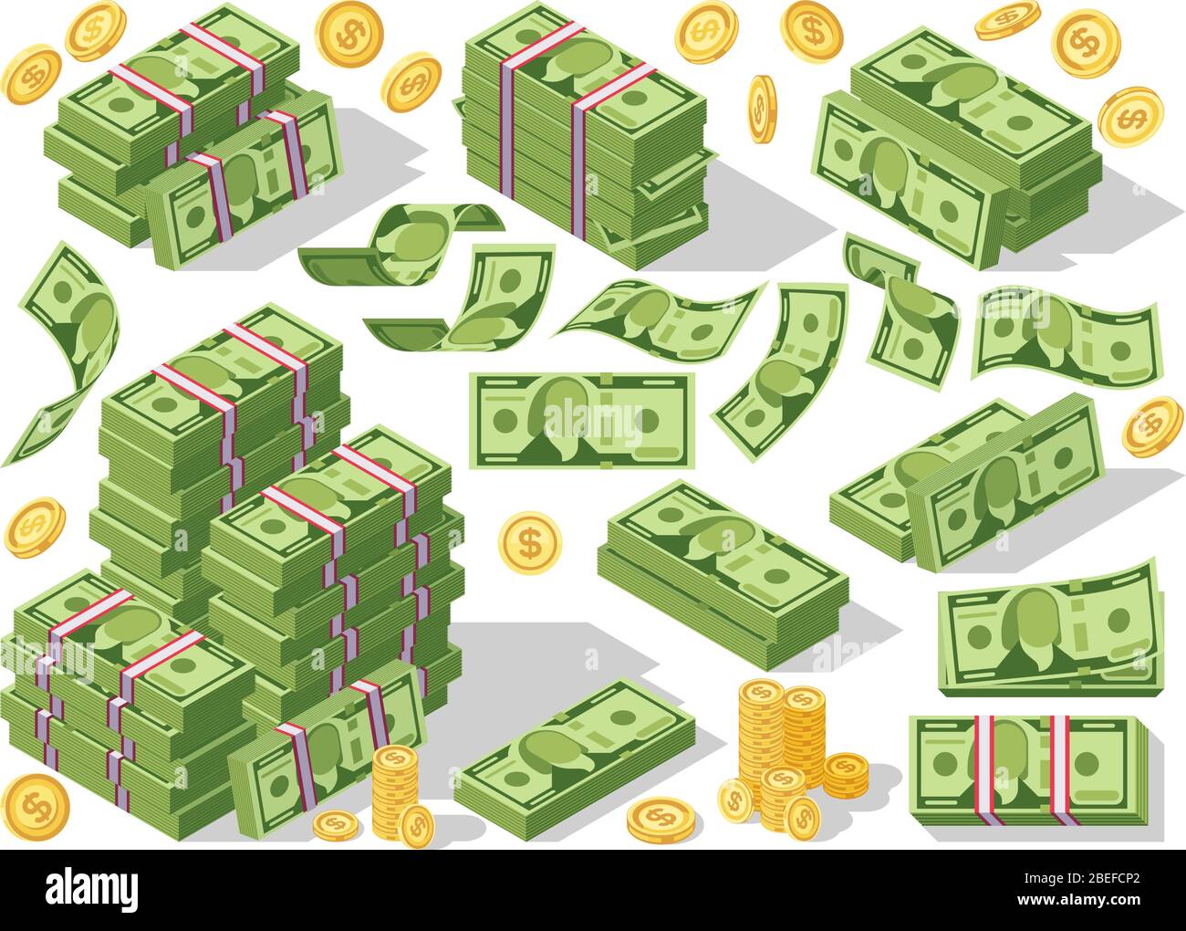 Varie banconote in dollari banconote in contanti banconote e monete d'oro vettore set. Denaro Cash Heap, pila e stack di denaro illustrazione Illustrazione Vettoriale