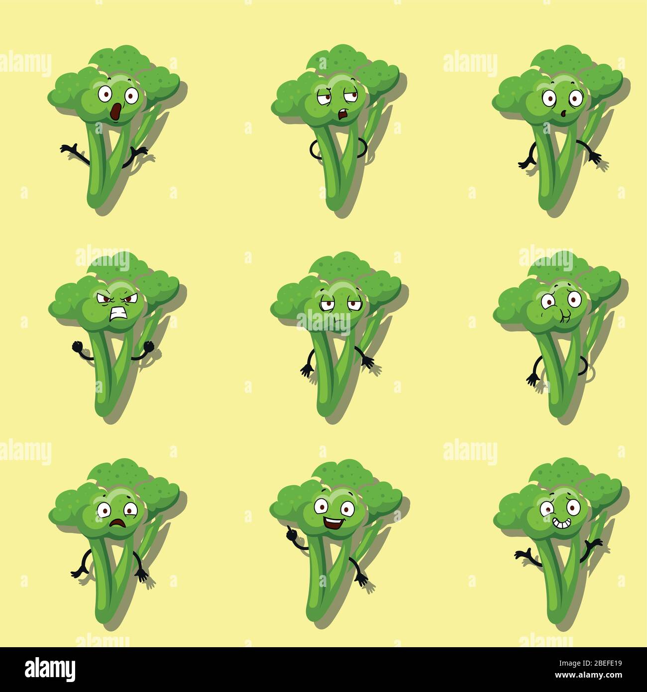 Broccoli emozioni diverse. Set di caratteri in stile cartoon vettoriale. Broccoli personaggio cartoon, divertente emozione oristica illustrazione Illustrazione Vettoriale
