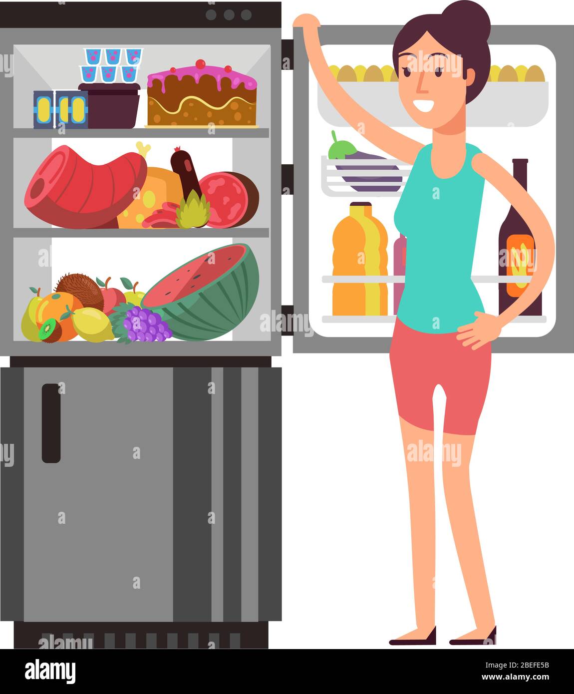 Donna che pensa di snacking in frigo con cibo malsano. Persone che mangiano di notte concetto di vettore di dieta. Cucina frigorifero e donna pensiero illustrazione Illustrazione Vettoriale