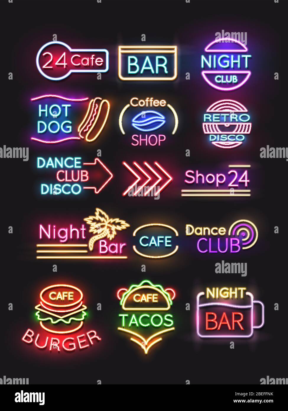 Night bar e caffè hamburger, caffè neon insegne set. Illustrazione vettoriale Illustrazione Vettoriale