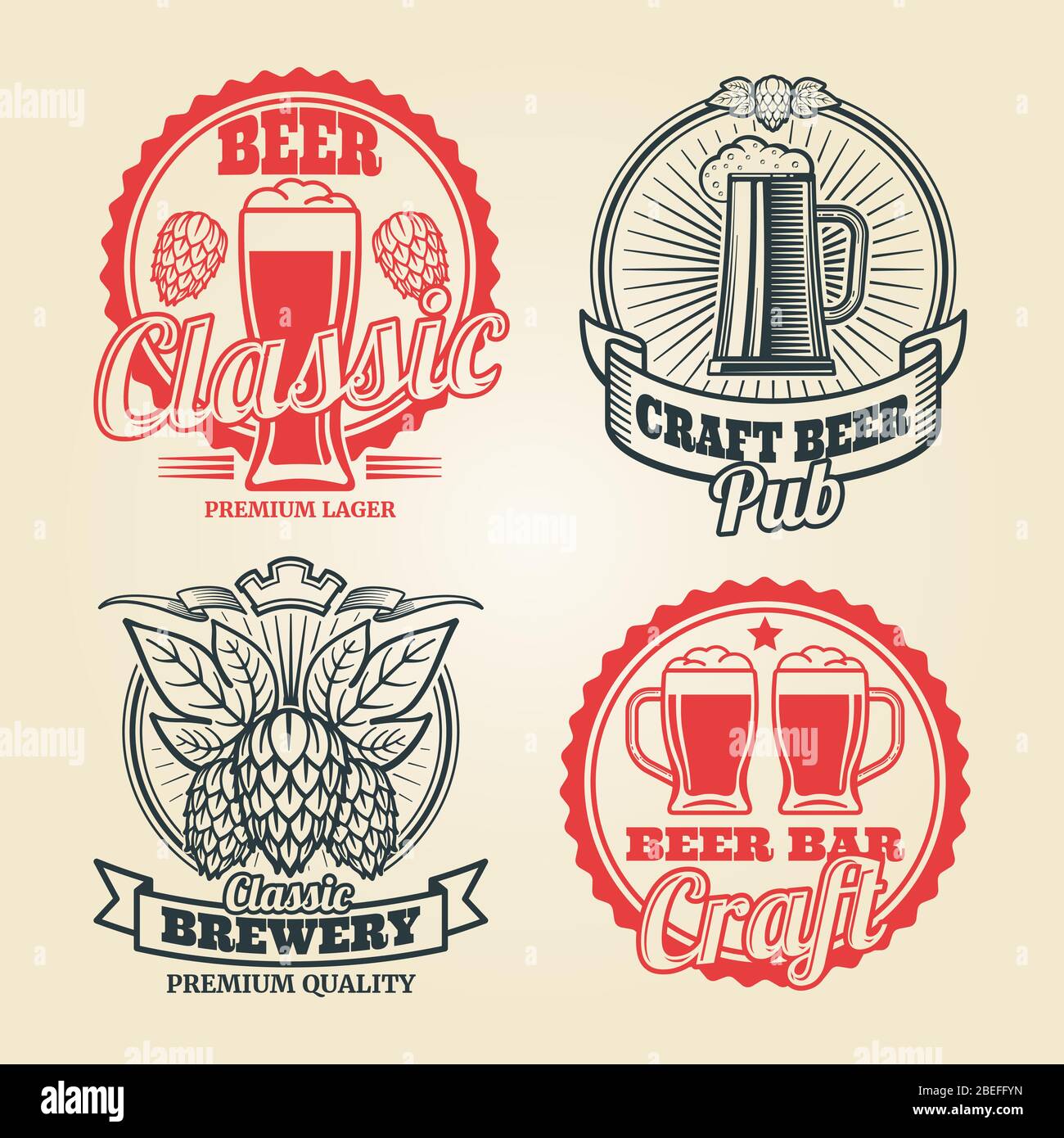 Set di etichette per birra e pub vintage. Logo e emblema retrò. Illustrazione vettoriale Illustrazione Vettoriale