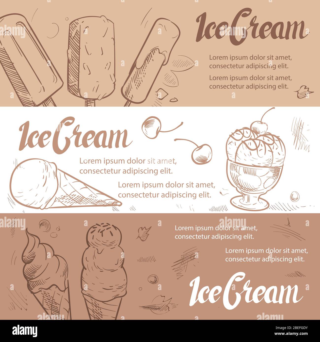Disegnare banner e modello per poster per gelato vintage. Illustrazione vettoriale Illustrazione Vettoriale