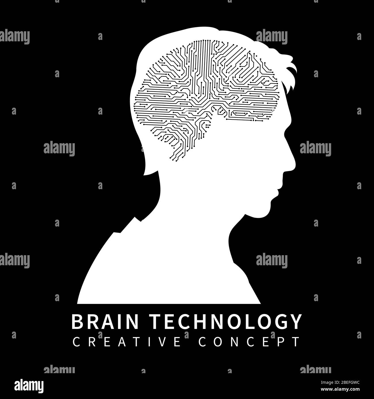 Silhouette testa maschile con cervello a chip su sfondo nero. Illustrazione vettoriale Illustrazione Vettoriale
