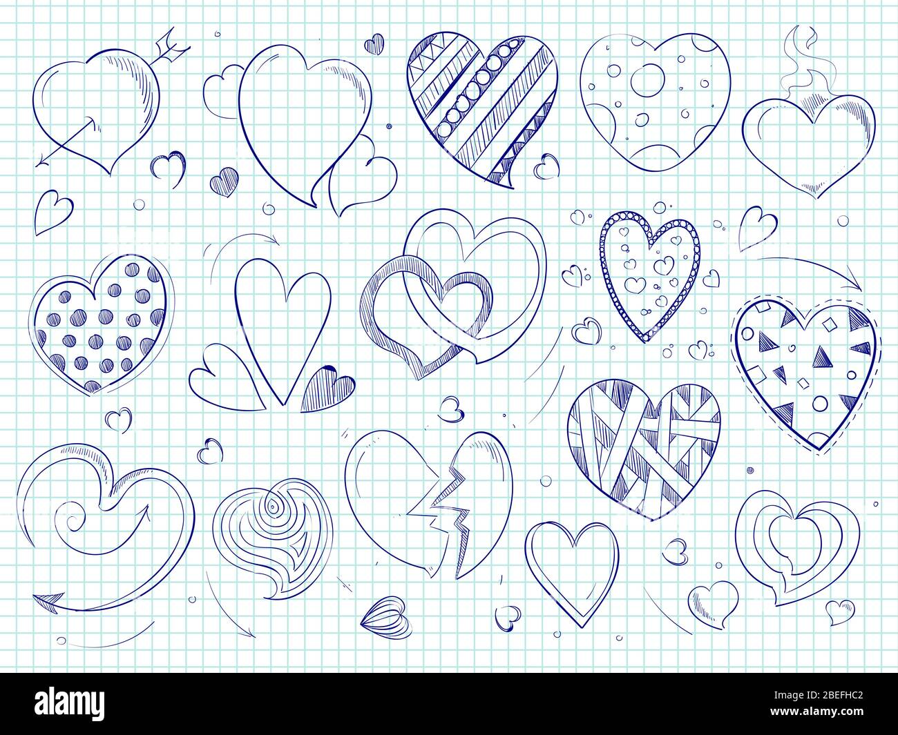 Carino doodle cuori, penna a sfera amore disegnata su notebook pagina. Illustrazione vettoriale Illustrazione Vettoriale