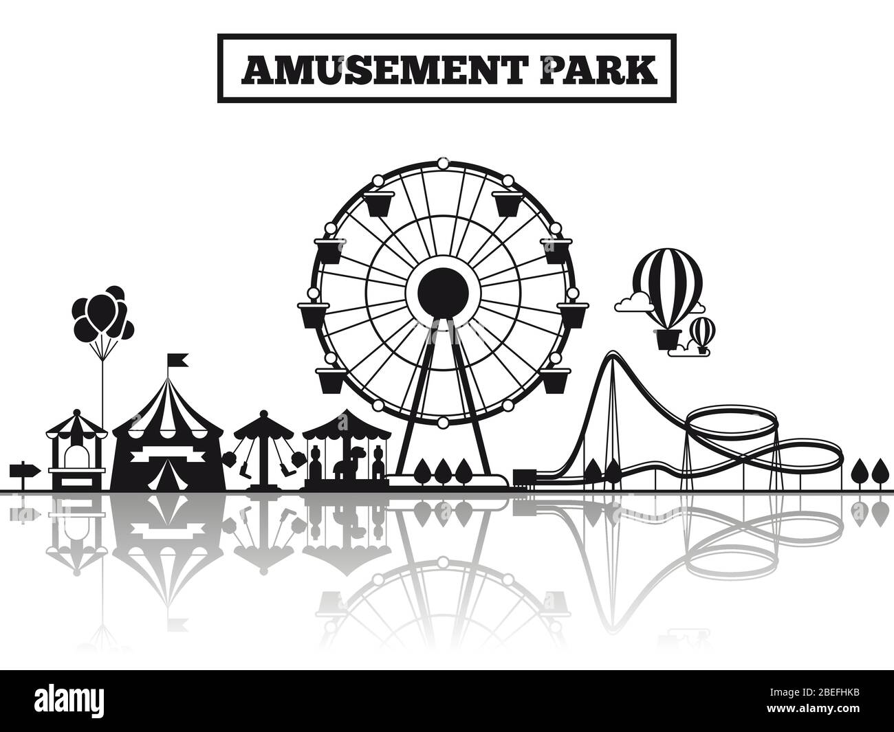 Parco divertimenti nero silhouette banner design. Illustrazione vettoriale piatta Illustrazione Vettoriale