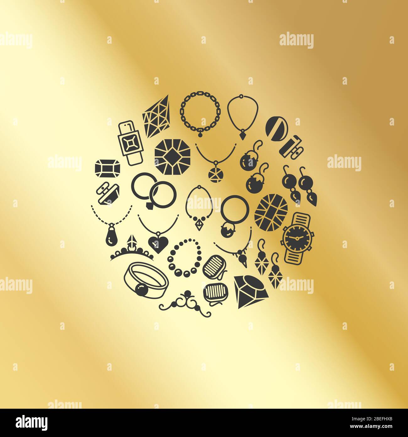 Gioielli accessori icone rotondo concetto isolato su sfondo dorato. Illustrazione vettoriale Illustrazione Vettoriale
