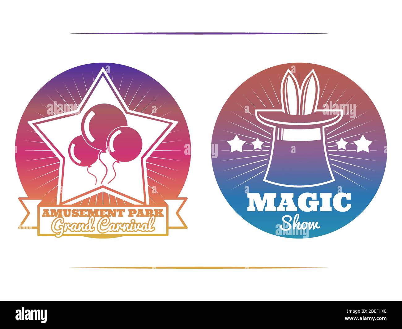 Spettacolo magico e parco divertimenti emblemi e badge colorati. Illustrazione vettoriale Illustrazione Vettoriale