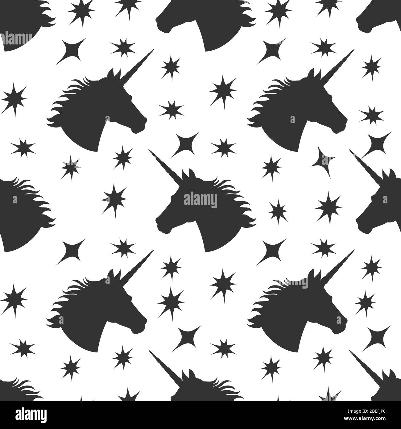 Silhouette unicorno nera con sfondo con motivo a stelle senza cuciture. Illustrazione vettoriale Illustrazione Vettoriale