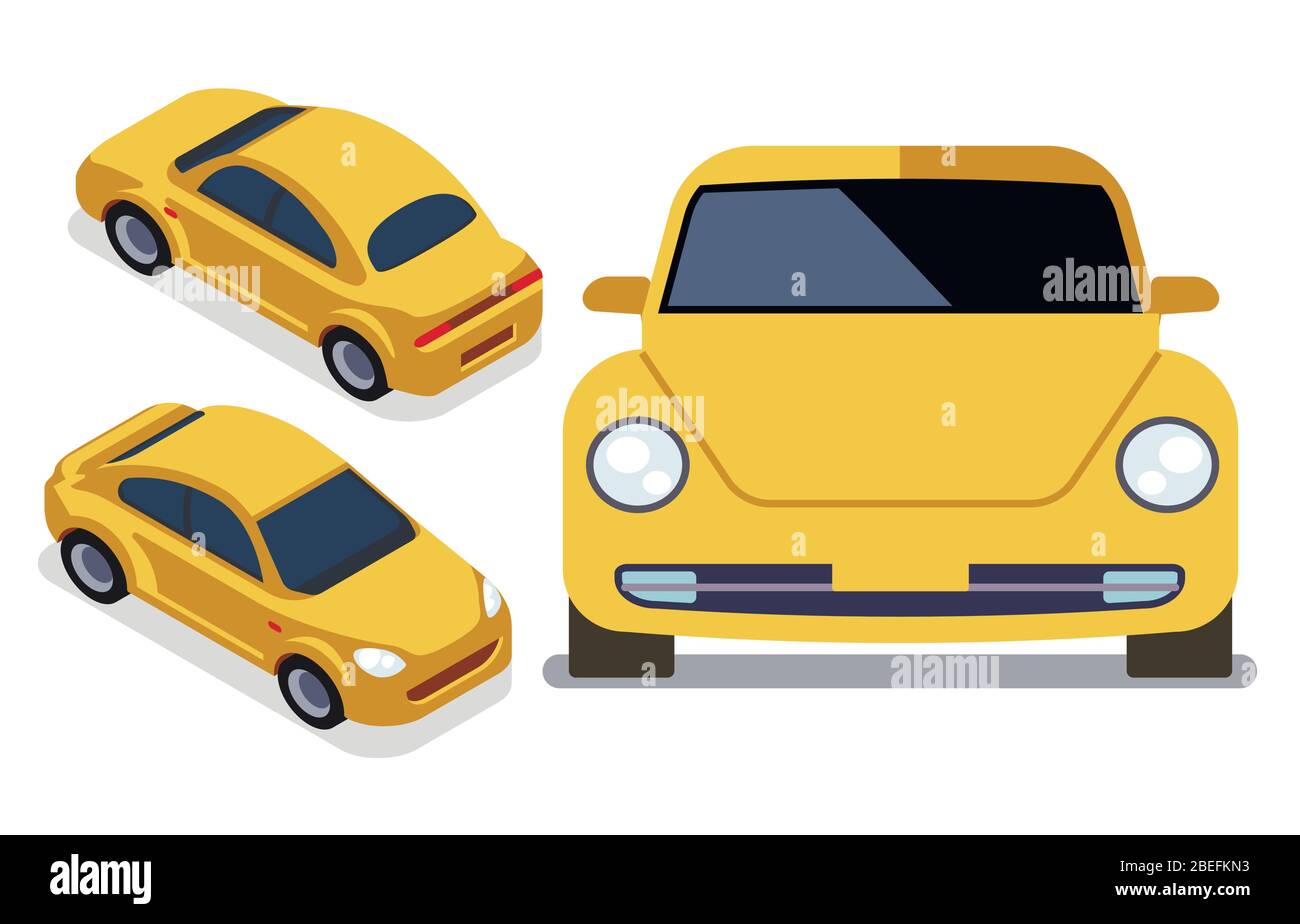 Auto vettoriali in stile piatto con viste diverse. Illustrazione isometrica della cabina gialla Illustrazione Vettoriale